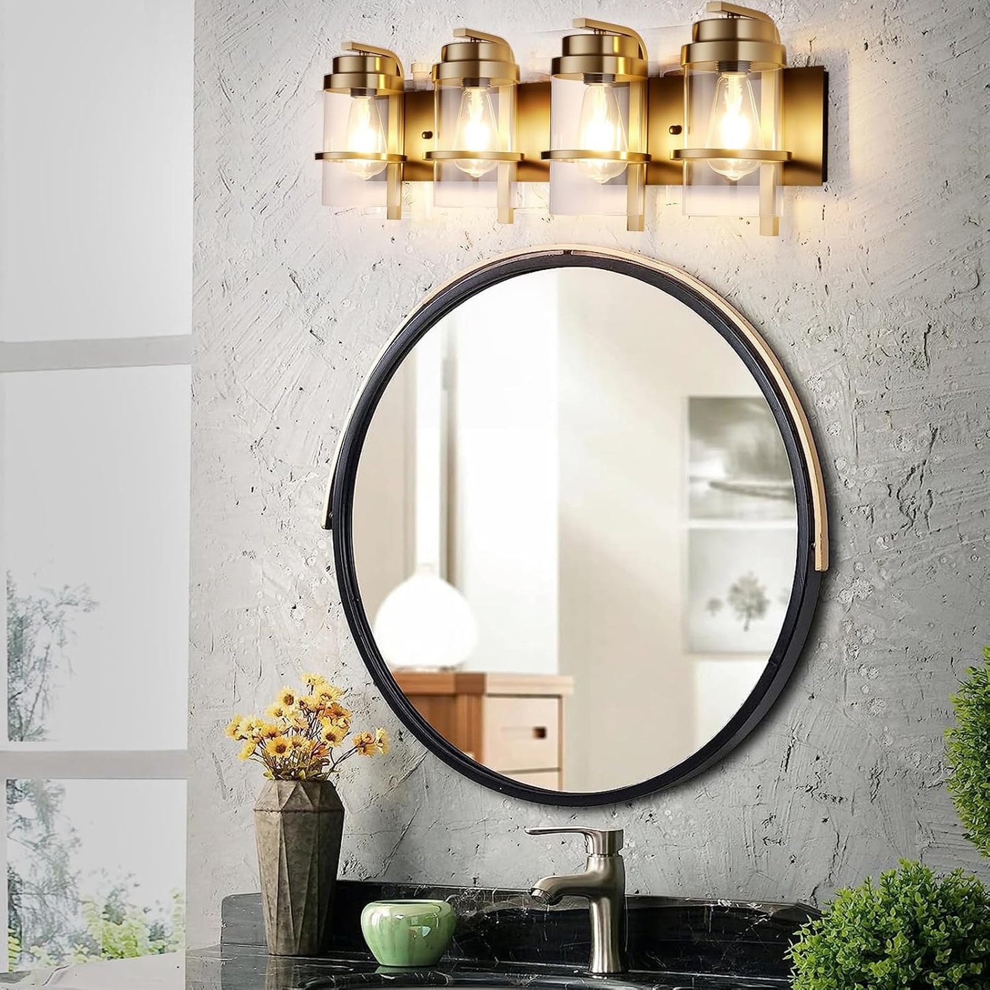 Black Gold Wall Sconces,Bathroom Vanity Light Fixtures,4 Lights Black Sconce Over Mirror,Farmhouse Bathroom Lights(Bulbs not Included)