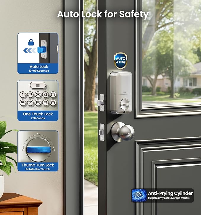 Veise Fingerprint Door Lock with 2 Knobs - Keyless Entry Door Lock with Handle, Electronic Keypad Deadbolt, Smart Front Handle Set, Auto-Locking, Waterproof, Easy Installation, Satin Nickel