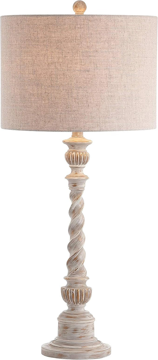 JONATHAN Y 33" White Wash Rustic Resin Table Lamp, Traditional Farmhouse Wood-Look Nightstand Lamp with Gray Linen Drum Shade for Living Room, LED Bulb Included JYL3031A