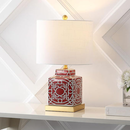 JONATHAN Y 22" Red/White Modern Ceramic Ginger Jar Table Lamp for Nightstand, Square Lattice Transitional Chinoiserie Lamp for Living Room, White Linen Shade, LED Bulb (JYL3044B)