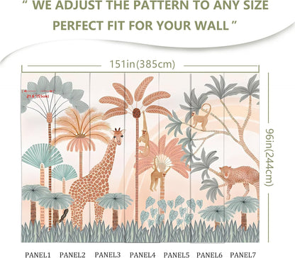 Safari Mural Wallpaper Tropical Tree Animal Large Wall Decor for Kids Room (Not Peel and Stick)