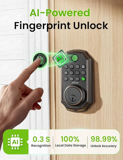 GHome Smart Door Lock KD30, Fingerprint Smart Deadbolt for Front Door, 5 in 1 Keyless Entry Door Lock, App Control, Auto Lock, 0.3s Unlock, Easy Install, for Home/Apartment/Office, Black