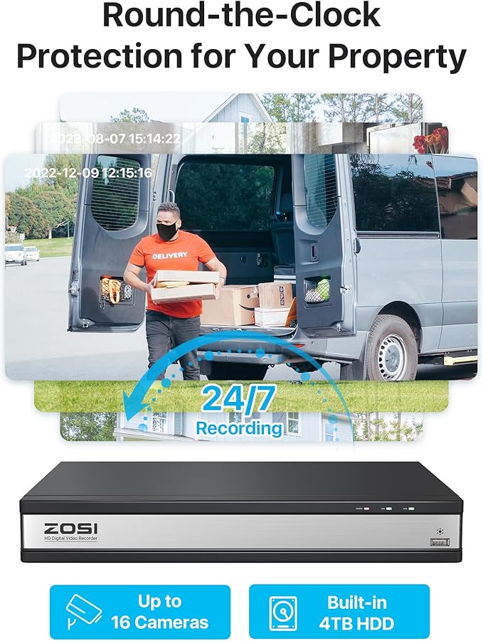 ZOSI H.265+ 16 Channel Security Camera System with AI Human Vehicle Detect, 16CH Surveillance DVR and 8 x 1080p CCTV Weatherproof Dome Camera Outdoor, 80ft Night Vision, 105°Wide Angle, 4TB Hard Drive