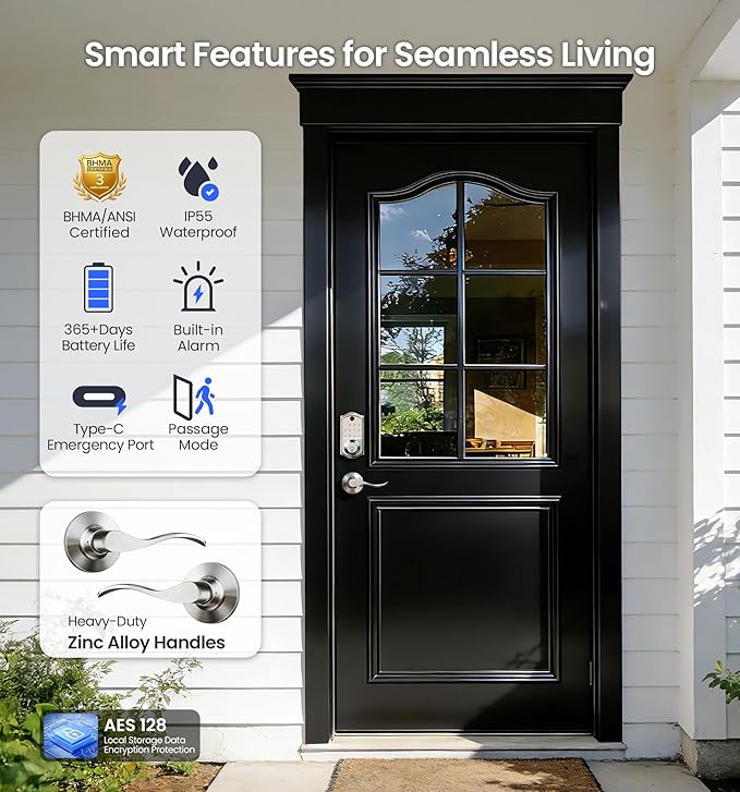 Veise VE017-L Fingerprint Smart Lock with Lever Handles, App Control, Keyless Entry Front Door Lock Set, Electronic Digital Keypad Deadbolt, Remote Grant, Emergency Power Port, Auto Lock, Satin Nickel