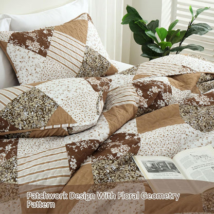 Dobuyly Fall King Size Bedspread, Brown Floral Plaid Patchwork King Size Quilts Fall Bedding Set, Soft Lightweight Microfiber Coverlet Set (1 Quilt, 2 Pillow Shams)