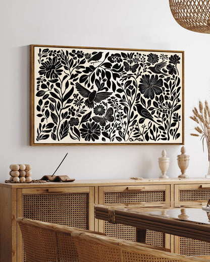 VIYYIEA Framed Canvas Wall Art, Black and White Large Wall Art for Living Room, Print Paintings, Boho Home Office Decor, Bedroom Wall Decor -【Flowers & Birds】-(24"x36")