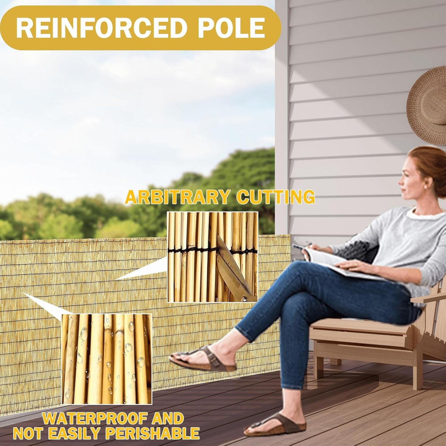 Bamboo Reed Fencing, Natural Bamboo Screens Outdoor, Decorative Privacy Screen Reed Curtains for Patio Balcony Garden Backyard, 5 x 10 FT