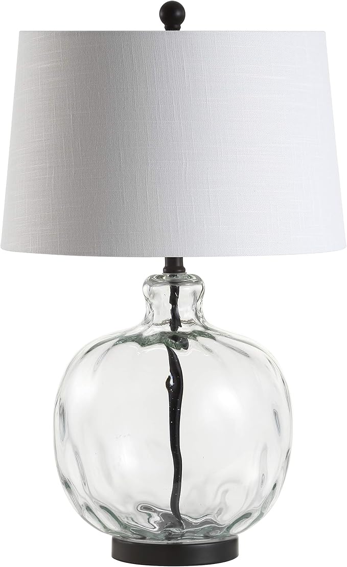 JONATHAN Y 26.5" Clear Glass and Black Metal LED Table Lamp, Transitional Farmhouse Bedside Nightstand Lamp with White Linen Shade, UL Listed, LED Bulb Included JYL1067A