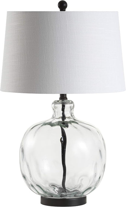 JONATHAN Y 26.5" Clear Glass and Black Metal LED Table Lamp, Transitional Farmhouse Bedside Nightstand Lamp with White Linen Shade, UL Listed, LED Bulb Included JYL1067A