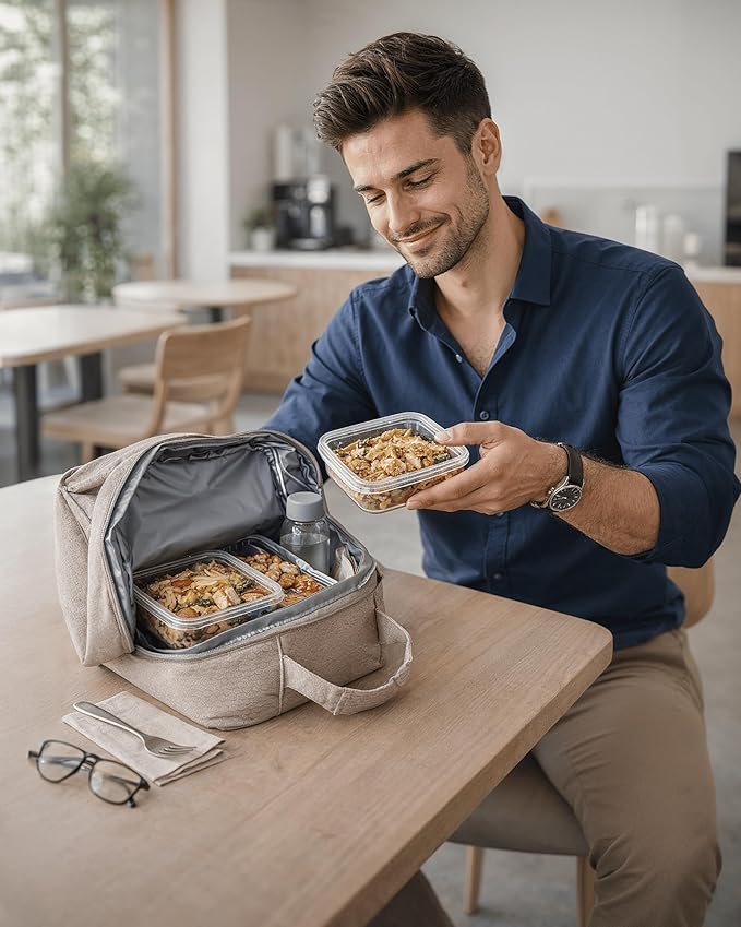 Reebok Mens and Womens Lunch Bag - Portable Insulated Work Lunch Box for Women and Men with Two Compartments and Handle, Size One Size, Quinn Taupe
