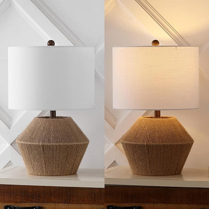 JONATHAN Y 21.75" Brown Rope Coastal Rustic Table Lamp, Farmhouse Iron Lamp with White Linen Drum Shade for Living Room Bedroom Nightstand, LED Bulb Included JYL4049A