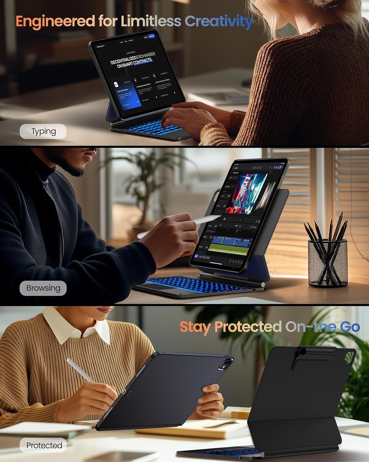 typecase Edge+ Keyboard Case for 2024 iPad Pro 13-inch (M4), Black Keyboard with Carbon Fiber Protective Case,Portrait & Typing Modes,Built-in Trackpad,11-Color Backlight,Magnetic Stand,Pencil Holder