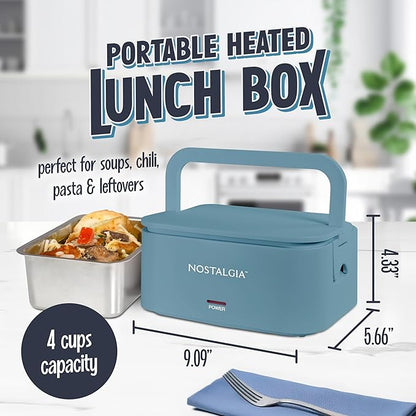 Nostalgia Portable Heated Lunch Box – 4-Cup Stainless Steel Food Warmer – Detachable Cord, Leak-Proof Lid, Carry Handle – Portable for Work & Travel – Ocean Blue