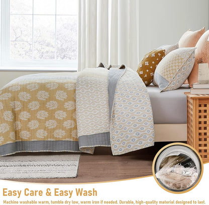 PANGUSHAN Twin Quilt Set,100% Cotton Patchwork Quilt Set Bedspread,Yellow Floral Quilt Bedding Set for Twin Bed,Gray(Grey)/Yellow/White Reversible Lightweight Comforter Bed Spread,2 Pieces