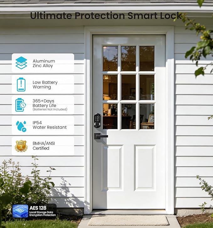 Veise VE06-L Smart Locks with 2 Lever Handle Set, App Control, Keyless Entry Deadbolt for Front Door, Electronic Digital Touchscreen Keypad, Auto Lock, Waterproof, Easy Installation, Matte Black