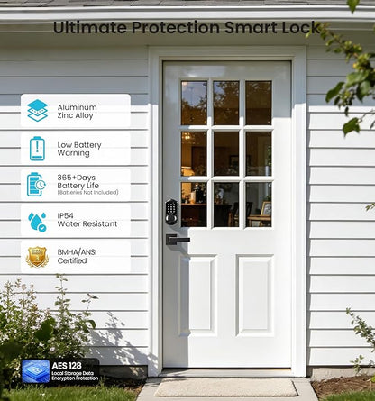 Veise VE06-L Smart Locks with 2 Lever Handle Set, App Control, Keyless Entry Deadbolt for Front Door, Electronic Digital Touchscreen Keypad, Auto Lock, Waterproof, Easy Installation, Matte Black