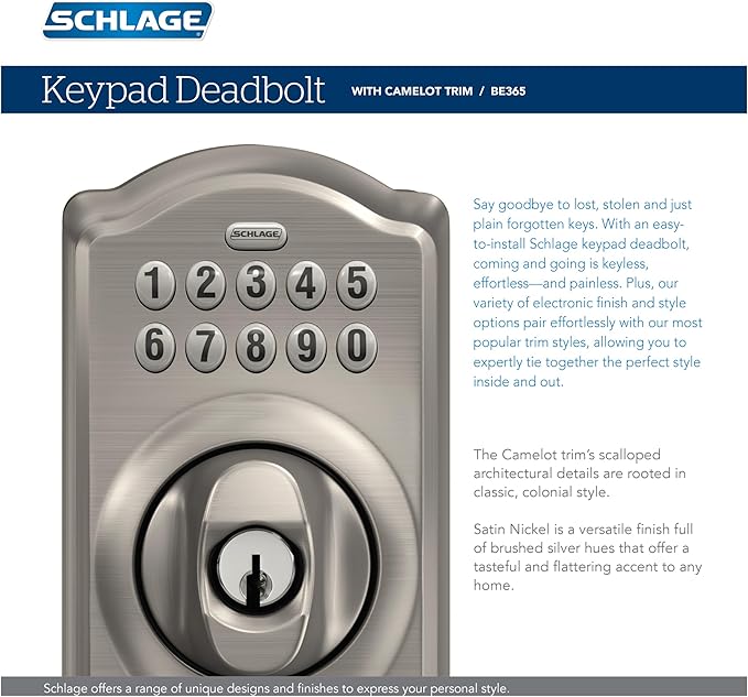 Schlage BE365 CAM 626 Camelot Keypad Deadbolt, Electronic Keyless Entry Lock, Satin Chrome
