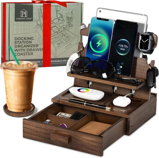 Wood Phone Docking Station for up to 3 Phones - Nightstand Organizer with Drawer for Valuables for Men & Women, Compatible with Apple Watch, Holds Phones, Tablets, Keys, Rings, Glasses, Watches & EDC