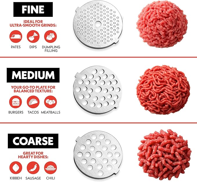 Gourmia Electric Meat Grinder – 500W Commercial Grade Meat Processor with Sausage Stuffer, 3 Stainless Steel Grind Plates Fine to Coarse, Stainless Steel