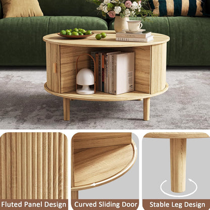 Coffee Table and TV Stand Set of 2, Round Center Table with Storage,Fluted Coffee Table with 360° Sliding Doors, 86.6" Entertainment Center for Bedroom, Living Room,Natural