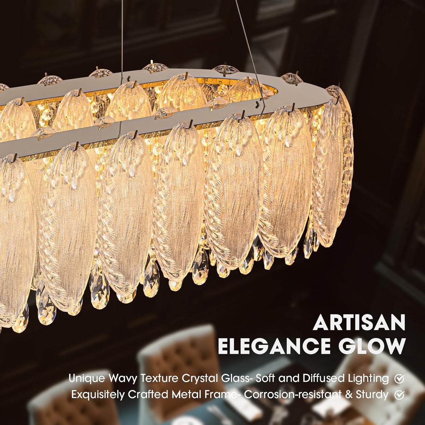 Gold Rectangle Modern Chandeliers for Dining Room Light Fixture, Water Ripple Crystal Glass LED Chandelier for Kitchen Island Bar Living Room, 2700K-6000K