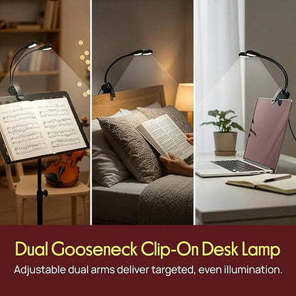 Pyle Clip On Desk Lamp with Gooseneck, Dual LED Adjustable Clip On Desk Lamp Light with USB or Battery Power, Brightness Control, Suitable for Desks, Tables, Lecterns, and Reading