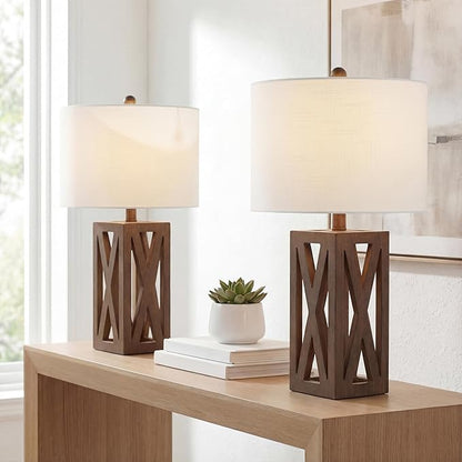 JONATHAN Y 21.5" Brown Farmhouse Wood Table Lamp for Bedside and Living Room, White Linen Drum Shade, Rustic Modern Desk Lamp for Bedroom, LED Bulb Included (JYL1062A-SET2)