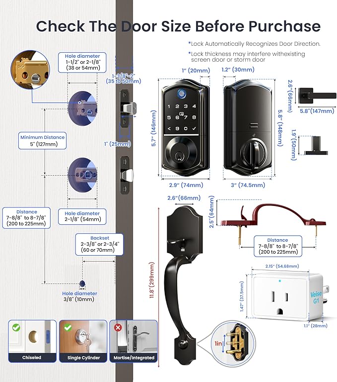 Veise VE017G-H Wi-Fi Smart Fingerprint Front Door Lock Set, Remote App Control, Keyless Entry Deadbolt with Handle, Backlit Keypad, IP55 Weatherproof, Auto Lock, Easy to Install, Matte Black