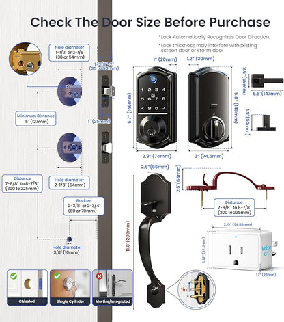 Veise VE017G-H Wi-Fi Smart Fingerprint Front Door Lock Set, Remote App Control, Keyless Entry Deadbolt with Handle, Backlit Keypad, IP55 Weatherproof, Auto Lock, Easy to Install, Matte Black