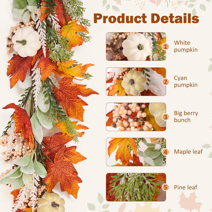 GENMOUS 6ft Thanksgiving Fall Garlands, Pumpkins Maple Leaves Autumn Wreaths for Front Door, Fall Decor, Porch Wall, Home Outdoor Holiday Decorations