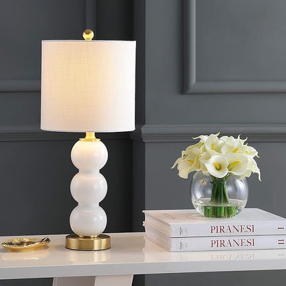 JONATHAN Y 21" White/Brass Gold Glass Table Lamp for Bedroom and Living Room, White Linen Shade, Modern Stacked Sphere Bedside Lamp, LED Bulb Included JYL1021A