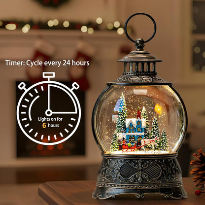 Christmas Snow Globes Christmas Water Lantern with Carriage Blue Church, Music & 6H Timer, USB Lined/Battery Operated Lighted Lanterns for Xmas Festival Decoration Gifts