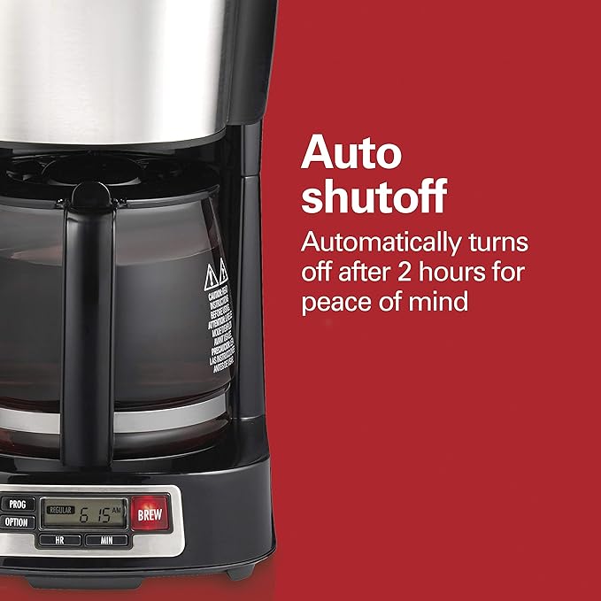 Hamilton Beach 5 Cup Drip Coffee Maker with Easy FrontFill Basket, Compact Design, Programmable Clock, Glass Carafe, Auto Pause and Pour, Black & Stainless Steel (46111)