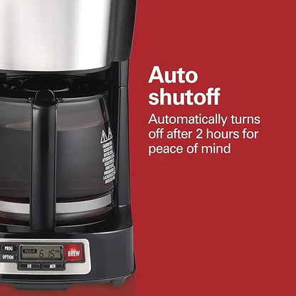 Hamilton Beach 5 Cup Drip Coffee Maker with Easy FrontFill Basket, Compact Design, Programmable Clock, Glass Carafe, Auto Pause and Pour, Black & Stainless Steel (46111)