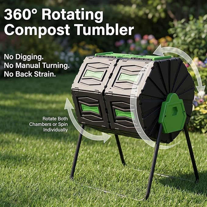 Dual Chamber Compost Tumbler, 45 Gallon Large Capacity 360° Rotating Composting Bin, BPA-Free Heavy Duty Composter with Easy Assembly, 38" Height Compost Bin Outdoor for Food Scraps Garden Yard Waste