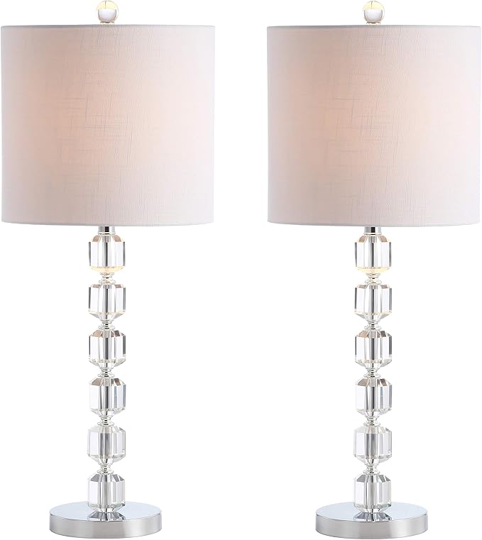 JONATHAN Y 27.5" Chrome Modern Stacked Crystal Table Lamp Set of 2 for Living Room Bedroom, Glam Bedside Nightstand Lamps, White Linen Shade, LED Bulbs Included, UL Listed JYL5053A-SET2