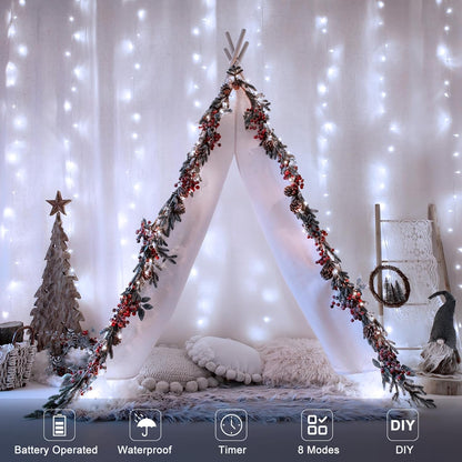 echosari Curtain Lights Battery Operated, 9.8Ft x 9.8ft 300 LED Curtain String Light with Remote Timer 8 Modes Hanging Lights for Wedding Party Home Garden Wall Decor (Cool White)