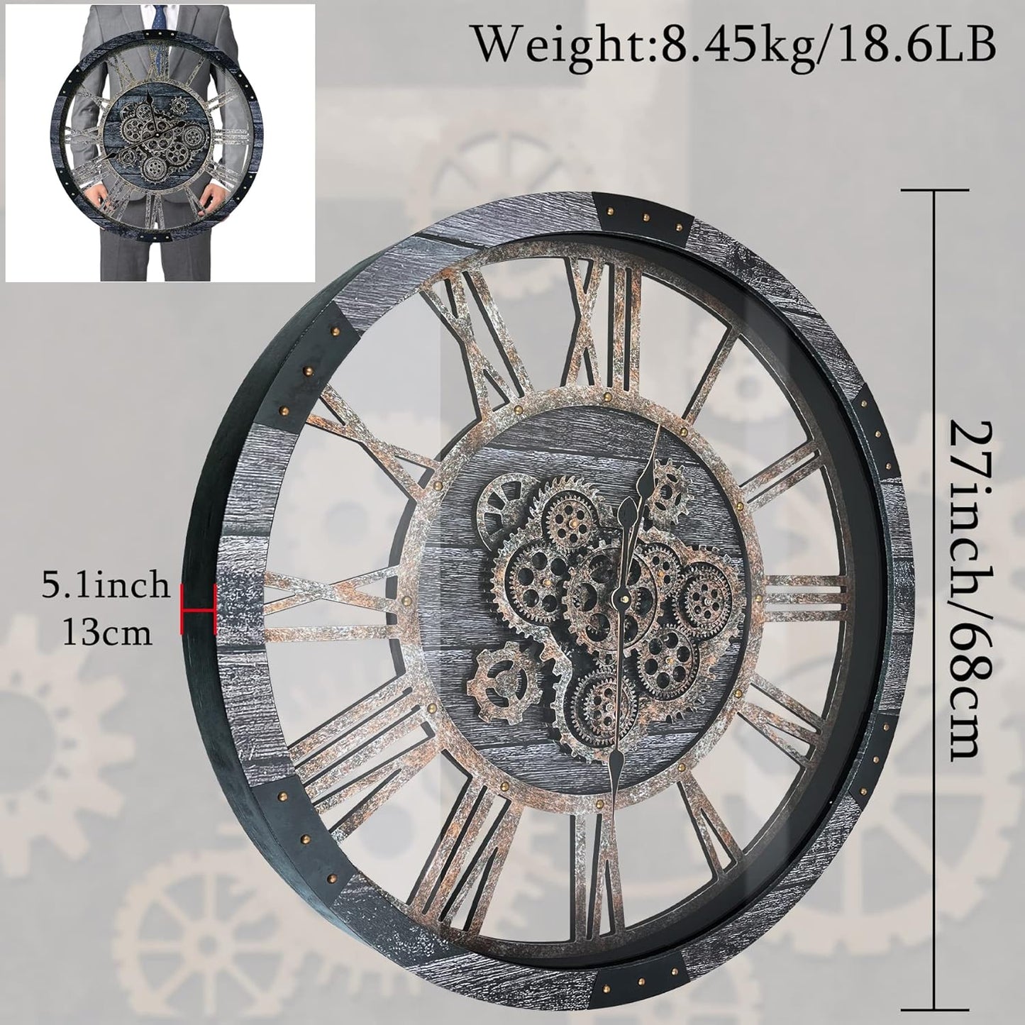 27 Inch Moving Gear Wall Clock, Oversized Wall Clocks, Clock Living Room Decor, Solid Wood Frame, Battery Operated, Large Wall Clock with Steampunk Industrial for Fireplace(Gray)