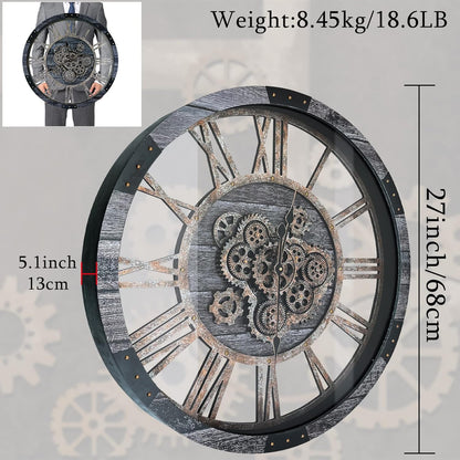 27 Inch Moving Gear Wall Clock, Oversized Wall Clocks, Clock Living Room Decor, Solid Wood Frame, Battery Operated, Large Wall Clock with Steampunk Industrial for Fireplace(Gray)