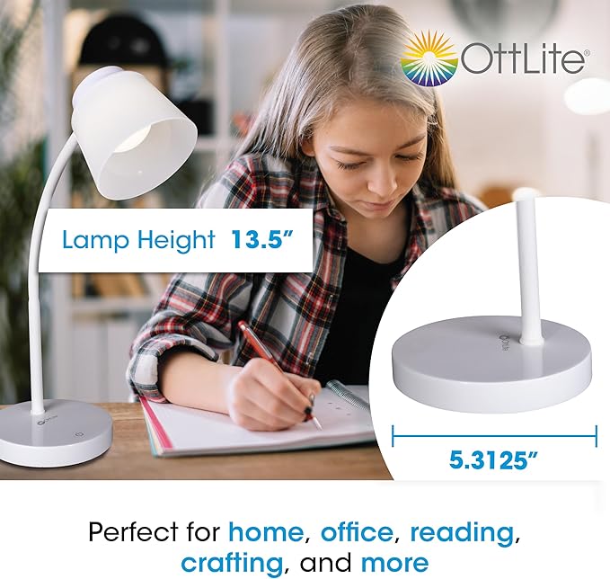 OttLite Clarify LED Desk Lamp with 4 Brightness Settings – Touch Activated Controls, Modern White Design, ClearSun LED Lighting, Flexible Neck, for Work, Study, Reading, Crafting