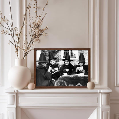 Poster Master Classic Photograph Poster - Vintage Halloween Print - Gift for Artist, Friend - Witches Tea Party, Old Women Smiling, Wearing Robes - Wall Decor for Living Room, 8x10 Brown Framed