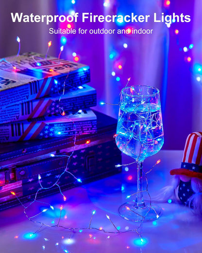 Minetom Red White Blue Fairy Lights Battery Operated, 4th July Decoration Patriotic String Lights Silver Wire 5 Feet 60 Led Firecracker Starry Lights for DIY Wreath Home Independence Day Decoration