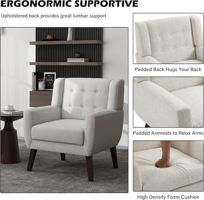 UIXE Accent Chair Modern Upholstered Armchair, Comfy Living Room Arm Chairs Mid Century Single Sofa Reading Side Seat for Bedroom, Home Office - Beige