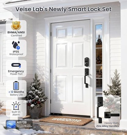 Veise VE017-D Smart Fingerprint Front Door Lock Set, App Control, 8-in-1 Keyless Entry Deadbolt with Lever Handle, Touchscreen Keypad, IP55 Weatherproof, Auto Lock, Easy Install, Matte Black