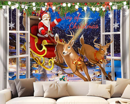 QGHOT Christmas Window Tapestry Wall Hanging Christmas Backdrop Xmas Winter Window Wall Decor Santa Claus Tapestries for Bedroom Living Room Dorm Holiday Party Decoration, Extra Large