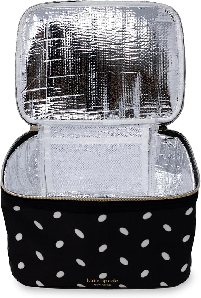 kate spade new york Insulated Lunch Tote, Small Lunch Cooler, Cute Lunch Bag for Women, Thermal Bag with Double Zipper Close and Carrying Handle (Almond Dot)
