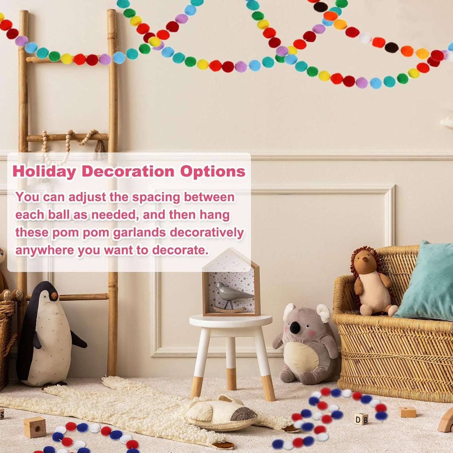 PATIKIL 13Ft Pom Pom Garland Decorations, 2Pcs Colorful Felt Ball Garland Banner Cute Rainbow Pompom Hanging Decorations for Tree Ornaments Homes Decor, Red/White/Blue