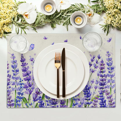 Lavender Placemats Set of 4 Purple Flower Butterfly Linen Fabric Table Mats Seasonal Spring Summer Rustic Floral Placemat Farmhouse Decorative Washable Place Mats for Home Kitchen Dining Table