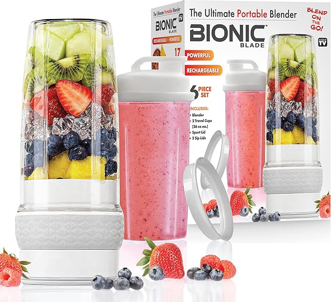 Bionic Blade Personal Portable Blender 26.5 oz with Extra Shaker & Lid, Cordless & Rechargeable, Airtight Mini Blender for Smoothies, Shakes, Juices & Sauces, White, As Seen on TV