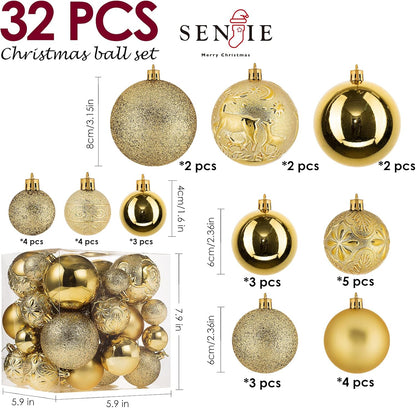 Senjie Gold Shatterproof Christmas Ball Ornaments, 32 Pcs, Plastic, Hanging, Christmas, Wedding